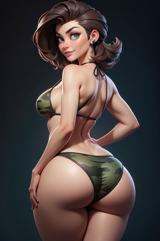Sexy Smile Rear View, Green And Black Military Camouflage Bikini, Buzzcut Hentai AI Porn