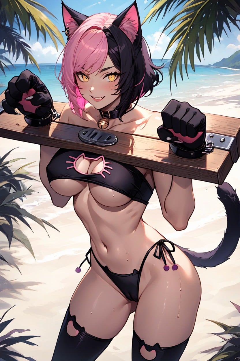 Catgirl, Two Tone Hair, Black And Pink Two Tone Hair Hentai AI Porn