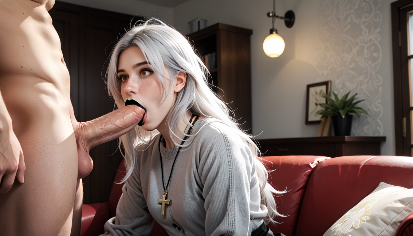 Woman Staring In Abject Disbelief At My Cock, Cross Necklace, Shag Hairstyle AI Porn
