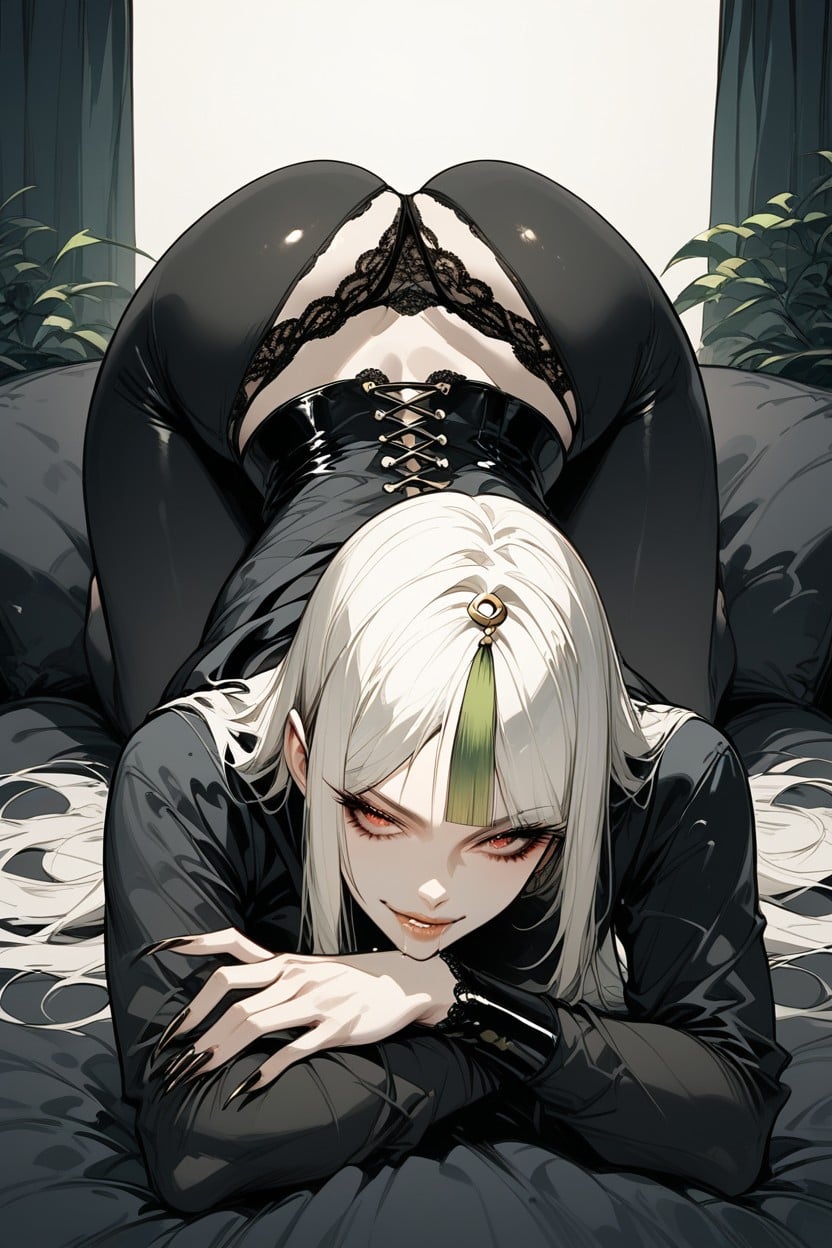 Wearing Black And Green Stripe Panty, Horny Face, Black Crop Hoodie Hentai AI Porn