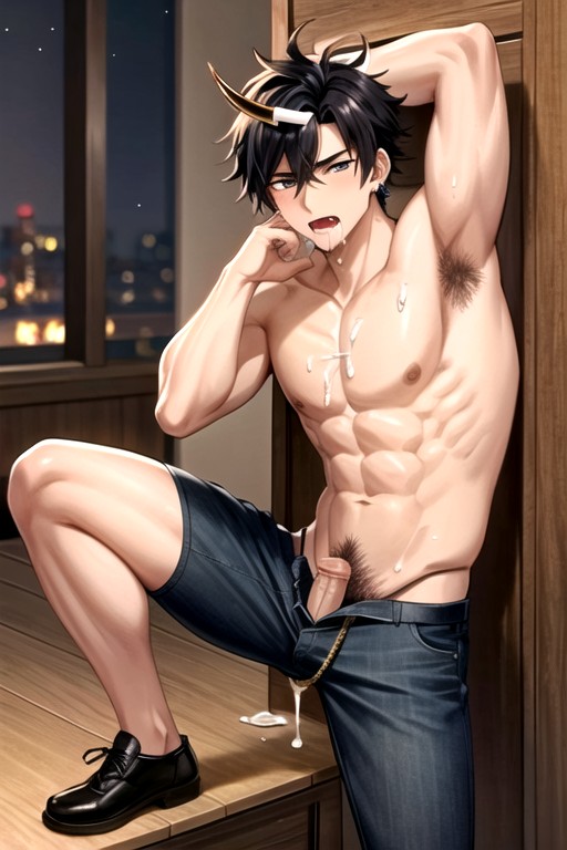 Tanjiro Kamado From Demon Slayer, Precum, Green Underwear Visible Porno IA Gay