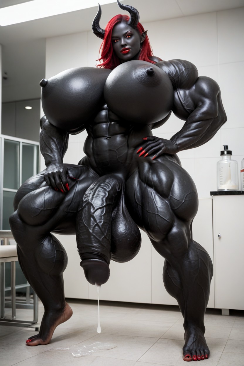 Red Eyes, Black Skin, Full Body View ニューハーフAIポルノ