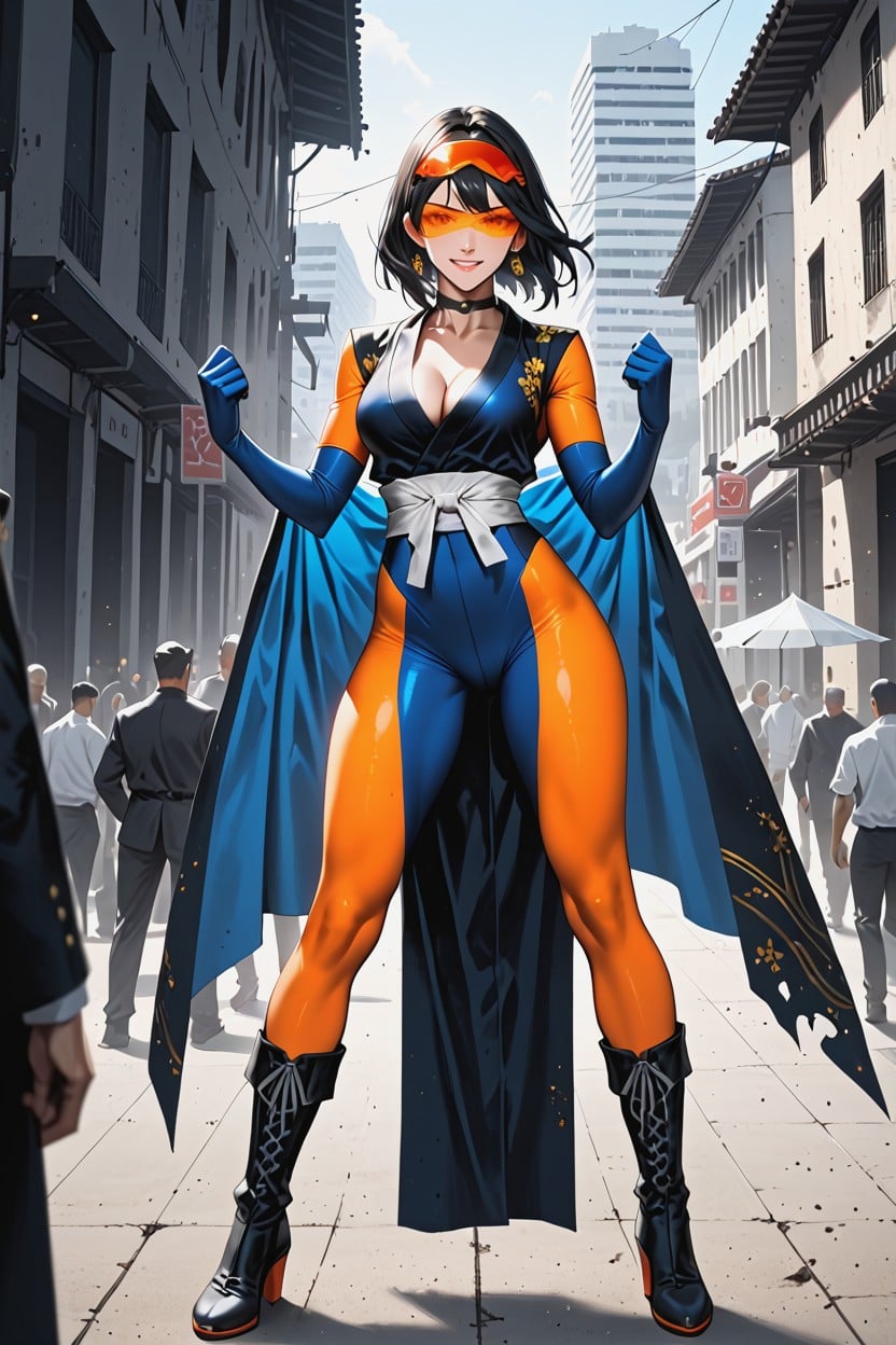 Orange Tinted Visor Covering Eyes, Hard Lighting, Upturned Cars Hentai AI Porn
