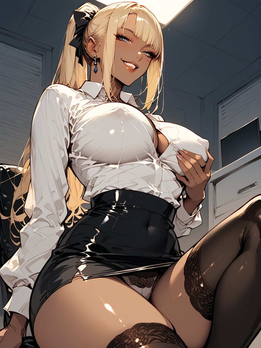 Visible Teeth, Flushed, Brown Office Skirt AI Porn