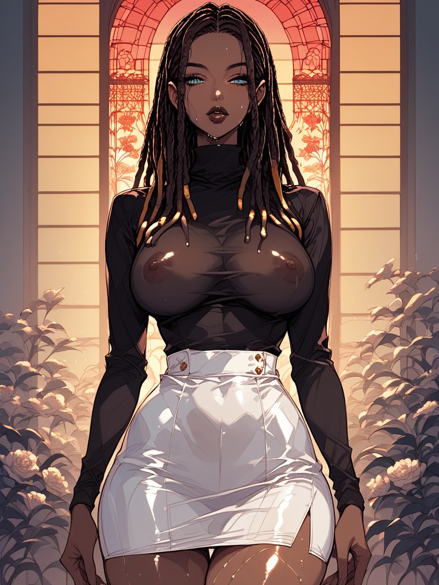 Sunset, Dark Lipstick, Glowing Blue Eyes AI Porn