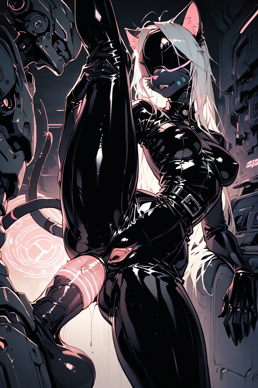 Black Latex Mask Covering Entire Face, Spaceship, Long White Hair Porno IA Furry