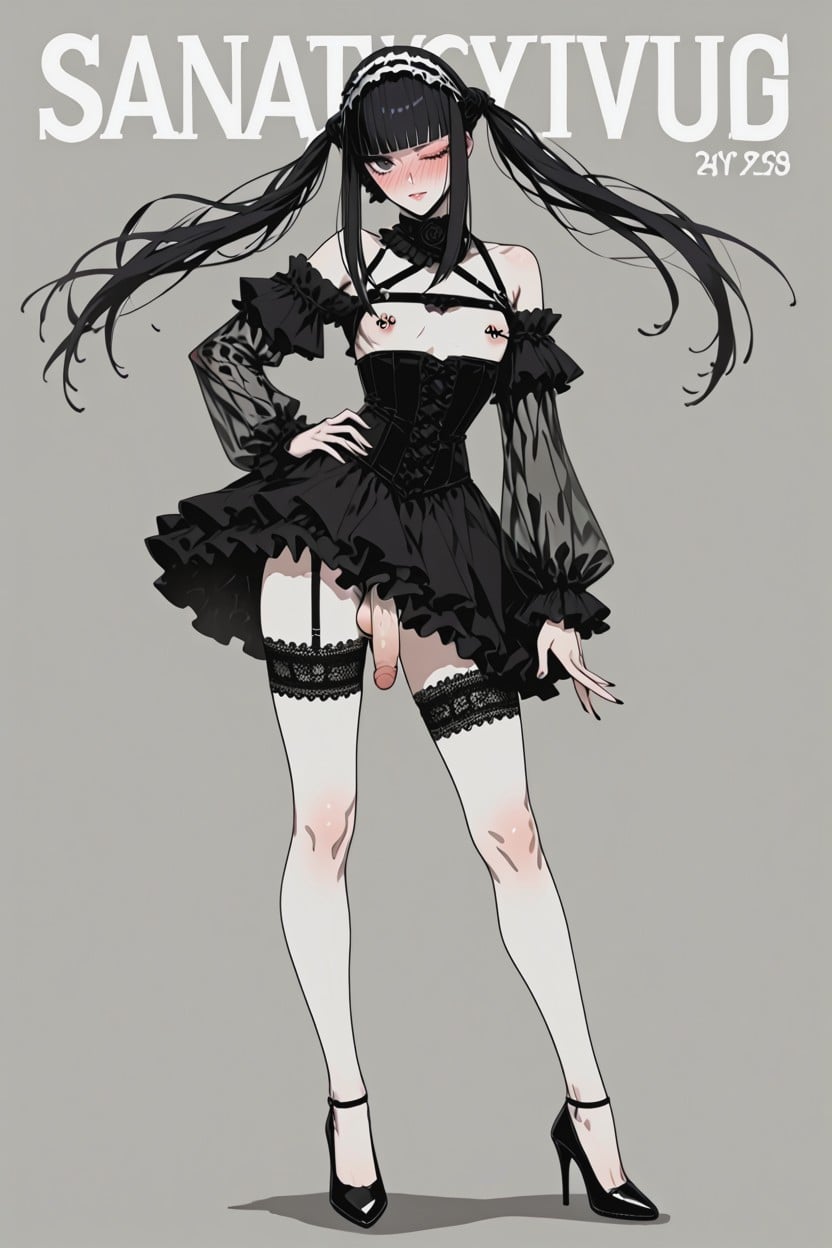 Off Shoulders, Black Lacy Stocking With Garter Belt, Transparent Sleeves 人妖AI黃片