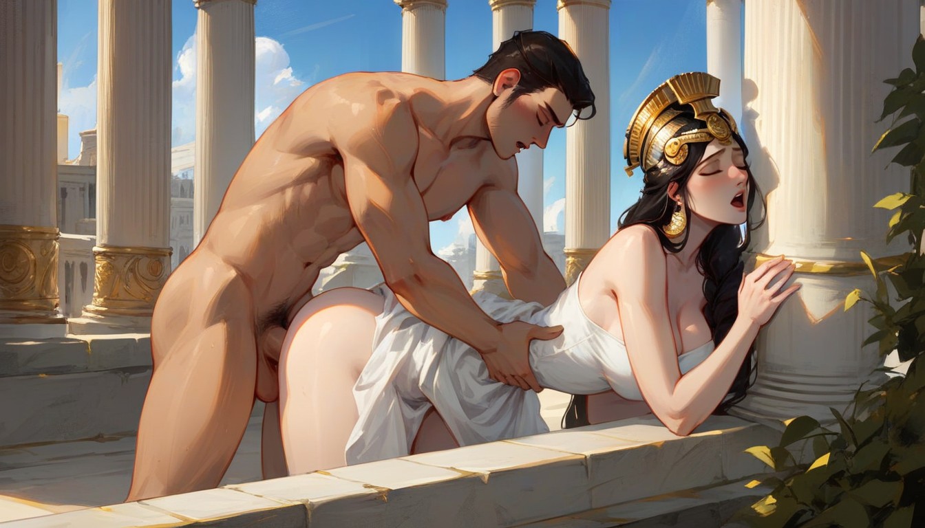 And Woman, Romantic, The Rests Her Arms On A Greek Pillar Hentai AI Porn