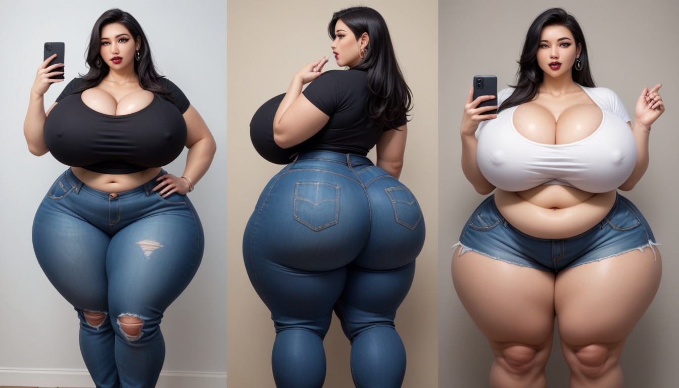 Hyper Ultra Mega Fat Ass, Hyper Fat Thick Curvy Fuller Figured Asian American College Woman, Cleavage BBW AI Porn