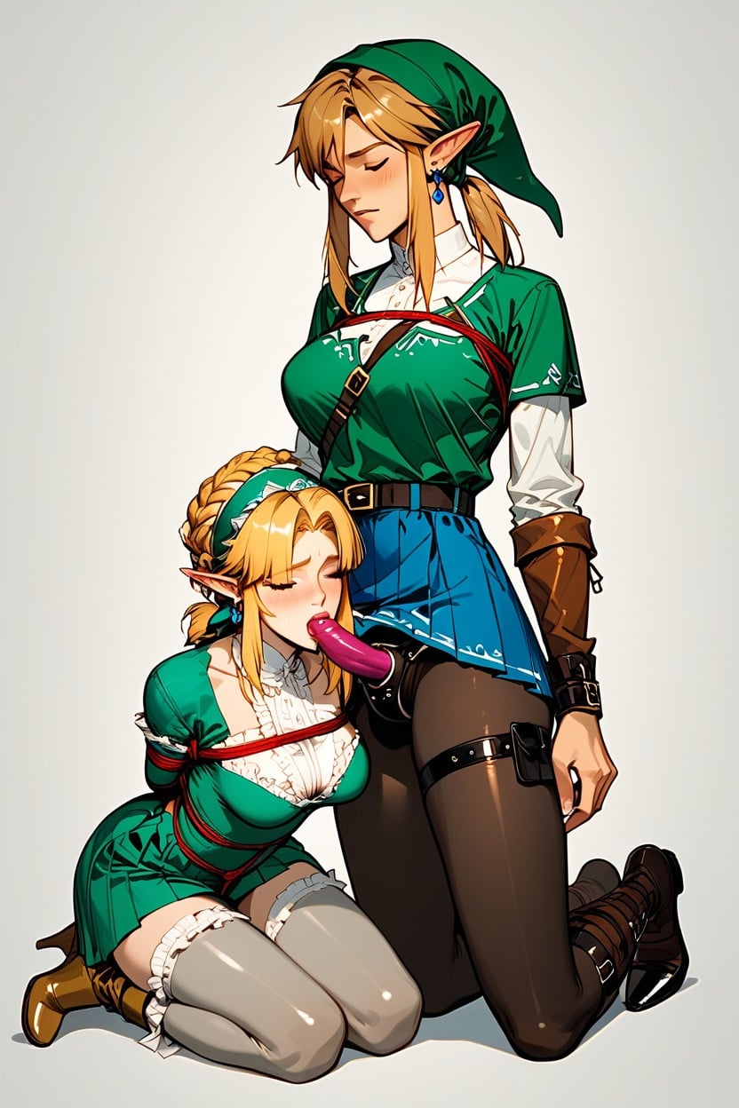Butt Plugs, Hanging Breasts, Zelda Kneels And Sucks Link’s Strap-on AI Porn
