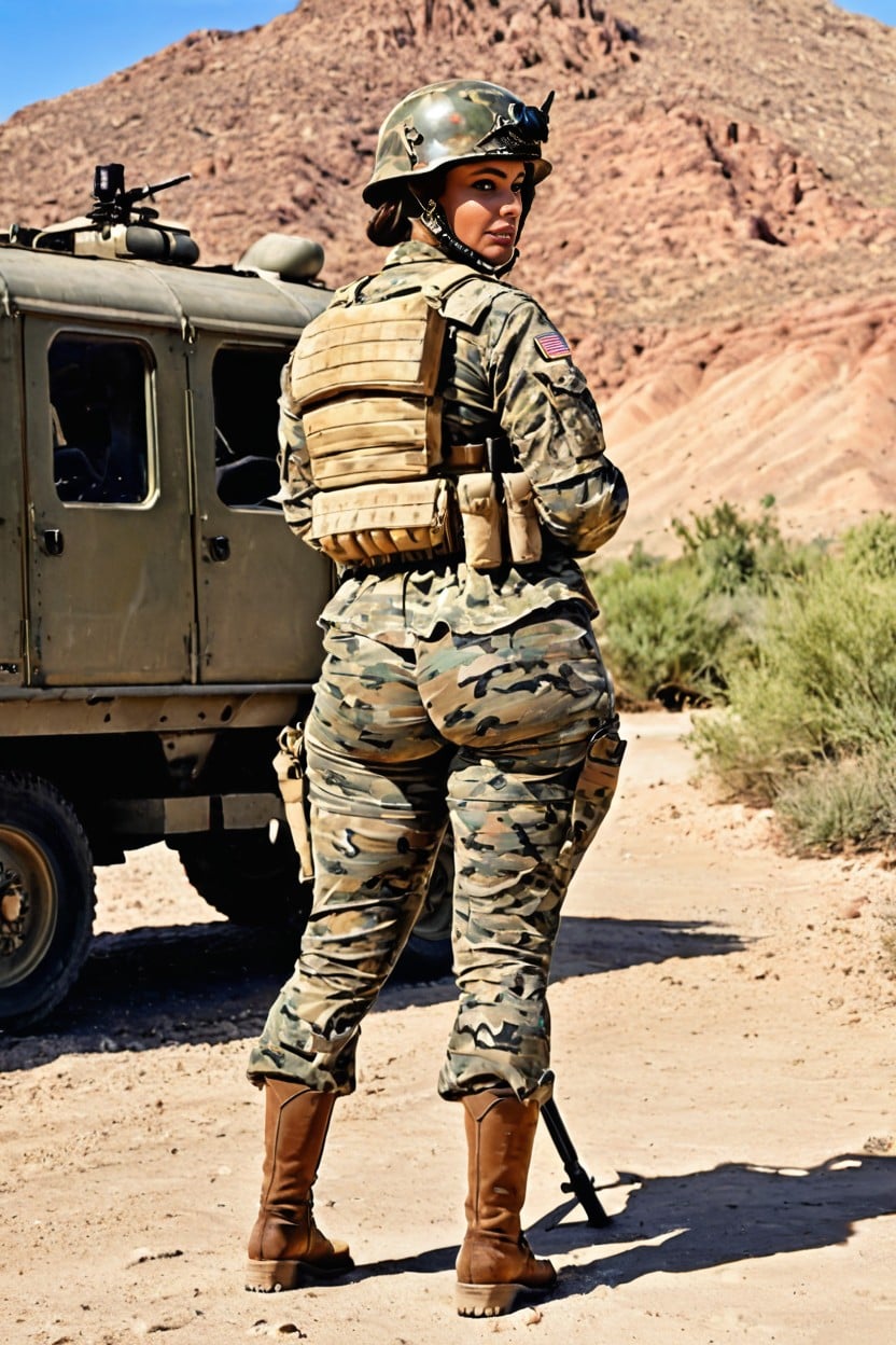 Wasp Waist, Porcelain Skin, Tight Camouflage Military Shirt AI Porn