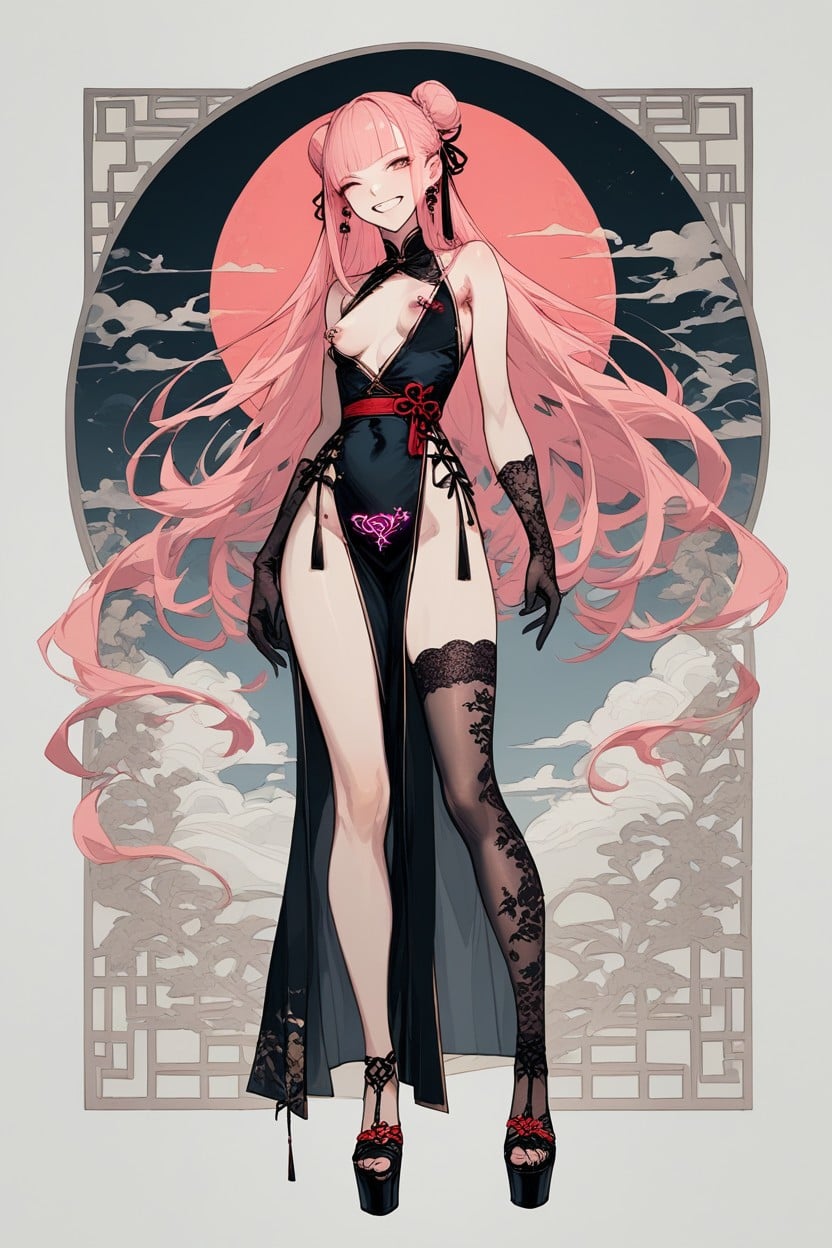 Wrapped Silky Waist Belt With Lacy Ribbon, Visible Womb Tattoo Under Dress, No Panties Hentai IA