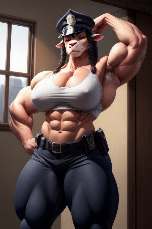 Anthropomorphic Hucow Head, Cow Ears, Police Station Furry AI Porn