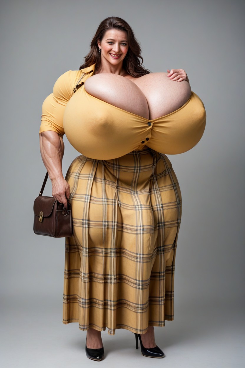 Yellow Plaid Pleated Skirt, Anime Eyes, Detailed Erect Nipples ニューハーフAIポルノ