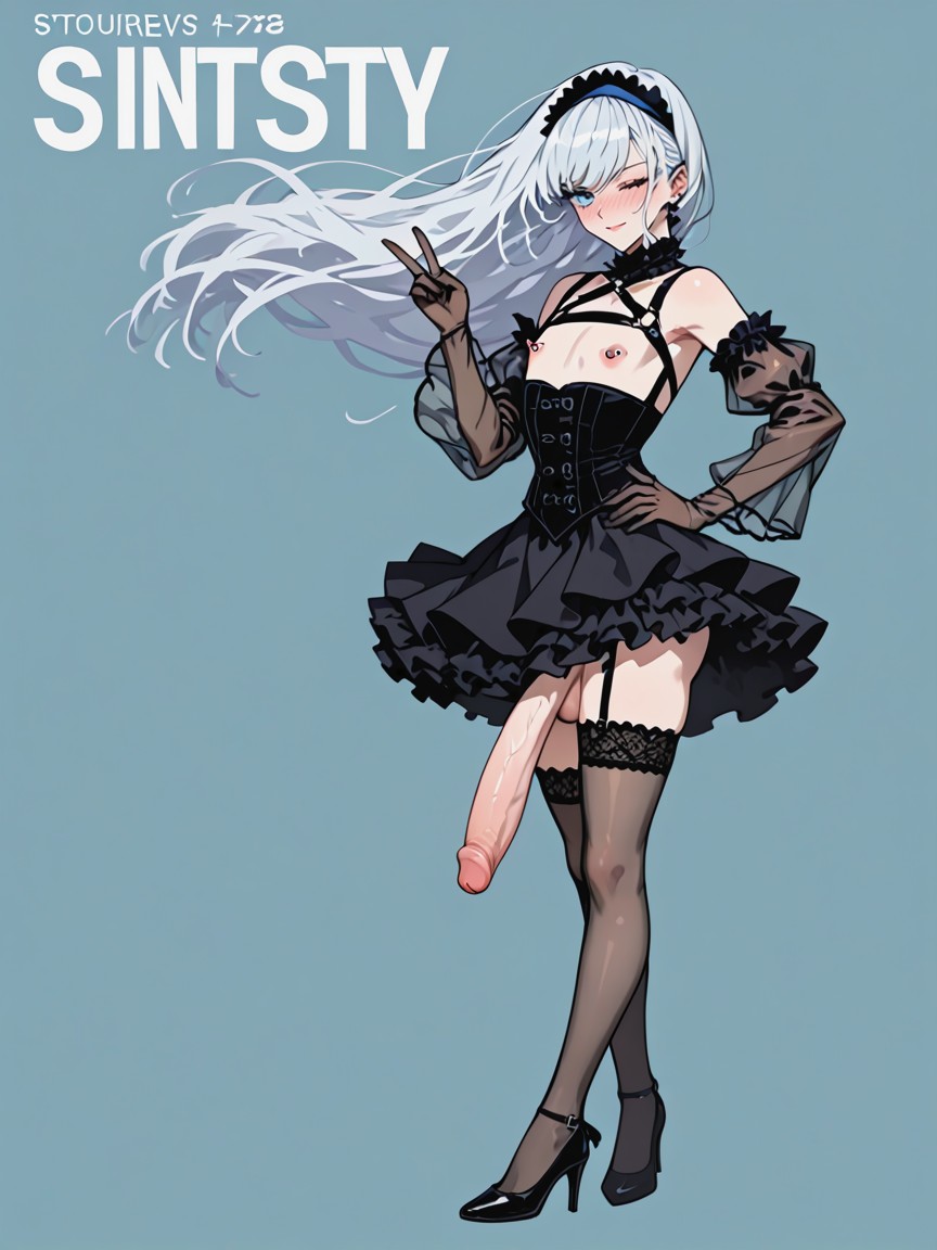 Pale White Skin, Simple Background, Layered White Frills Petticoat Inner Skirt ニューハーフAIポルノ