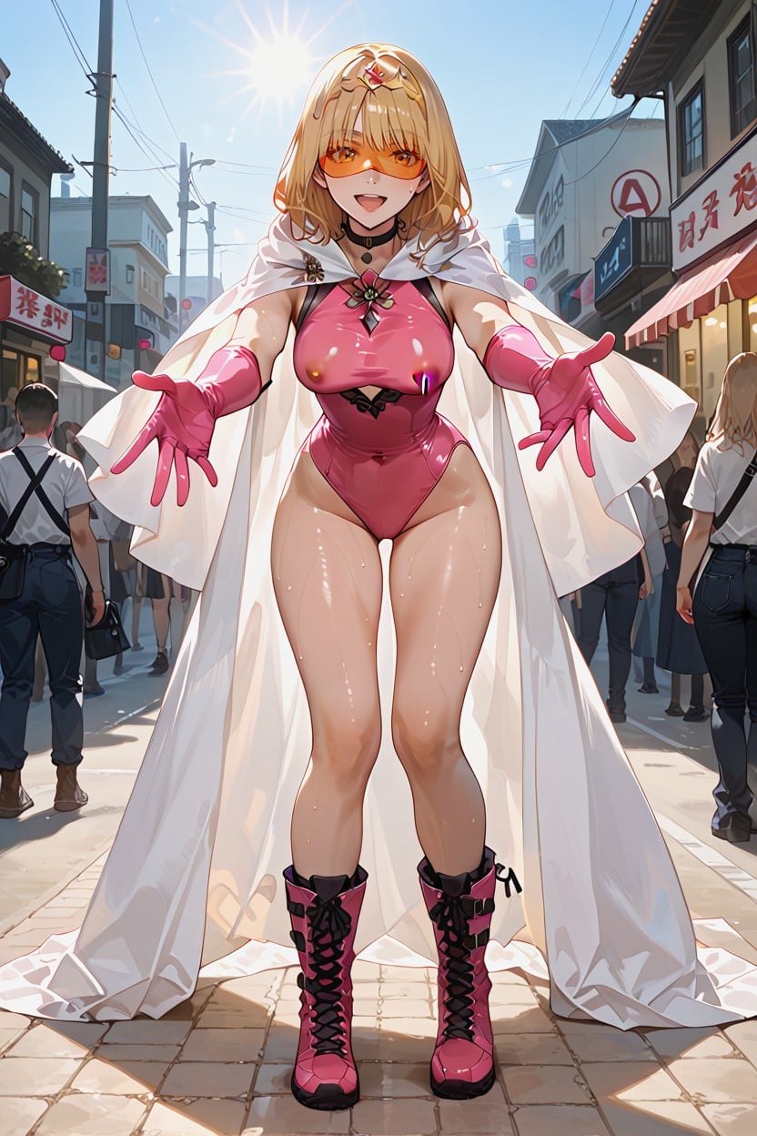 Open Mouth, Elbow Length Pink Rubber Gloves, 18+ Hentai AI Porn