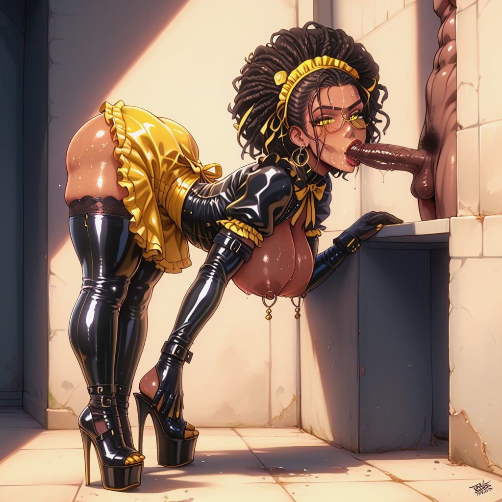 Dark African Ebony Mistress Woman Breasts, Yellow Ribbon In Hair, 18+ Porno IA