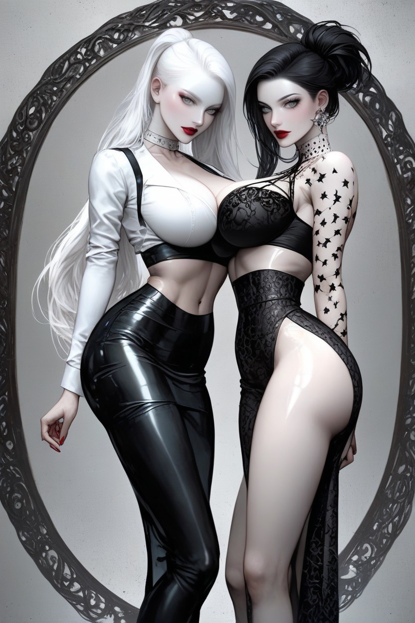 Black Faux Leather Office Luxury Skirt, Navel Exposed, Pinkish White Albino Skin AI Porn
