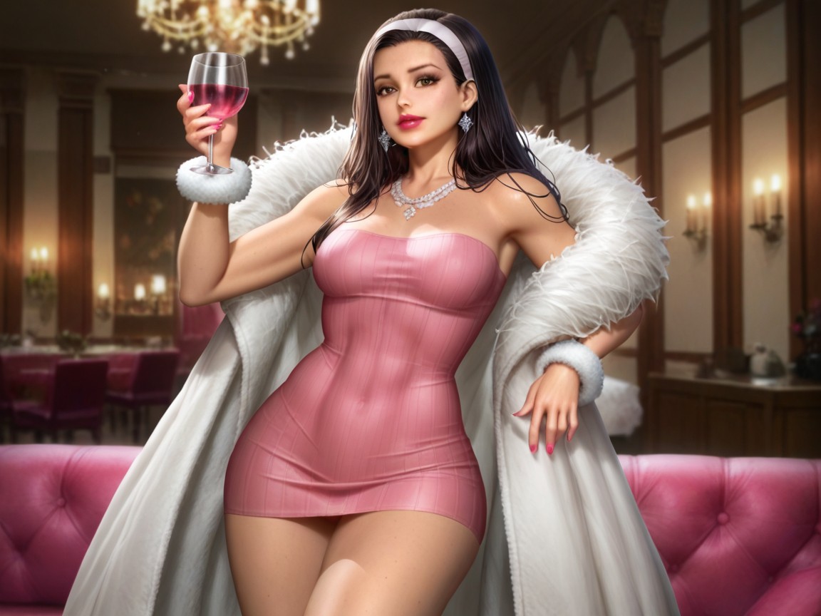 White Fur Scarf, Pink Chandelier In Background, Thighs Exposed AI Porn