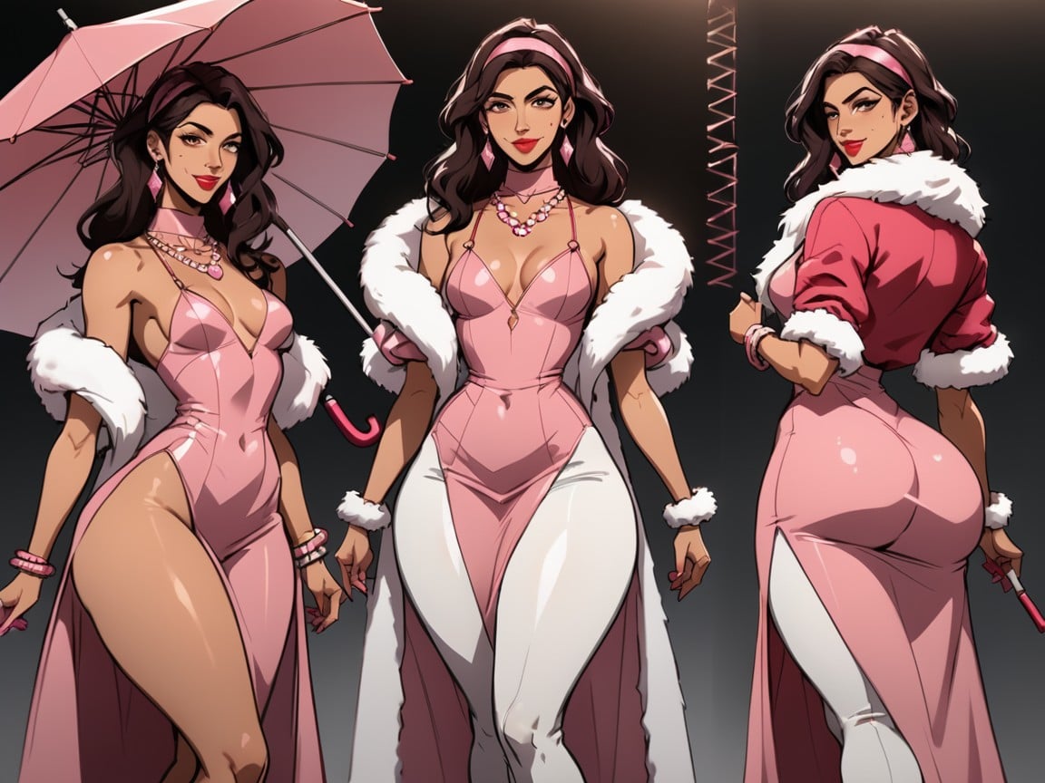 Pale Tan Skin, White Fur Boots, Woman Holding A Pink Parasol AI Porn