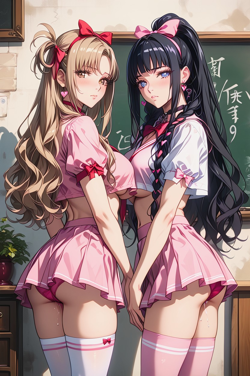 Navel Exposed, Two Side Up Hair, Stripe Knee High Socks Hentai AI Porn