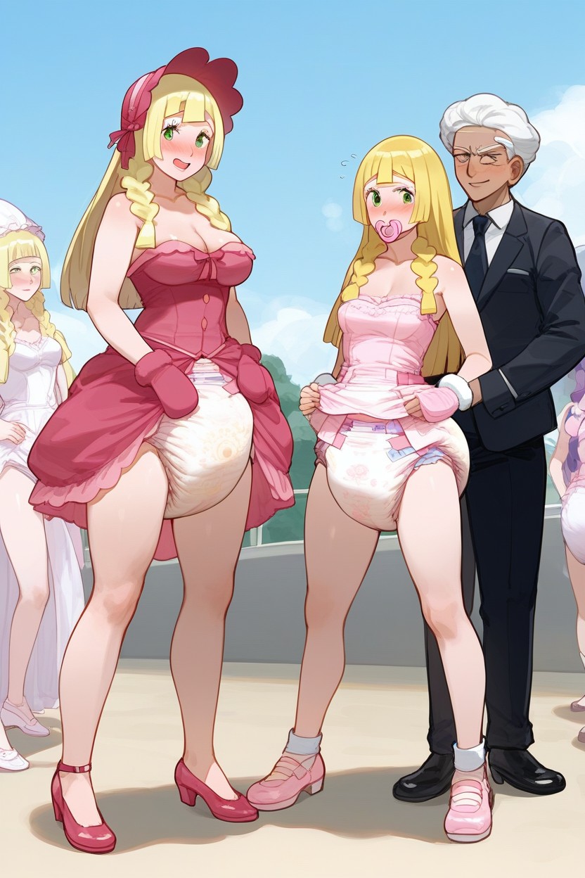 Fully Clothed, Soft Breasts, Shiny Dark Pink Princess Suit Adultdiaper AI Porn