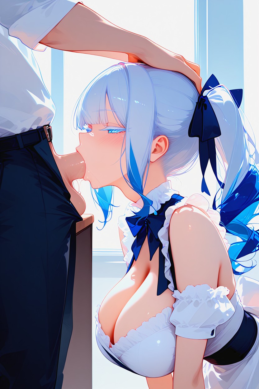 Salivating, Sky Blue Eyes, Kneeling Under Office Desk Hentai AI Porn