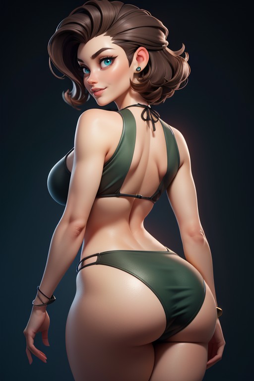 Green And Black Military Camouflage Bikini, Thick And Curvy Body, Massive Ass Hentai AI Porn