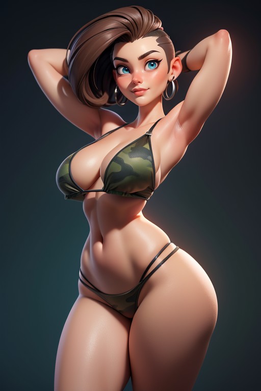 Bikini, Mohawk Hairstyle Shaved Bald On The Sides, Brown Hair In A Mohawk Hair Style On Bald Head Hentai AI Porn