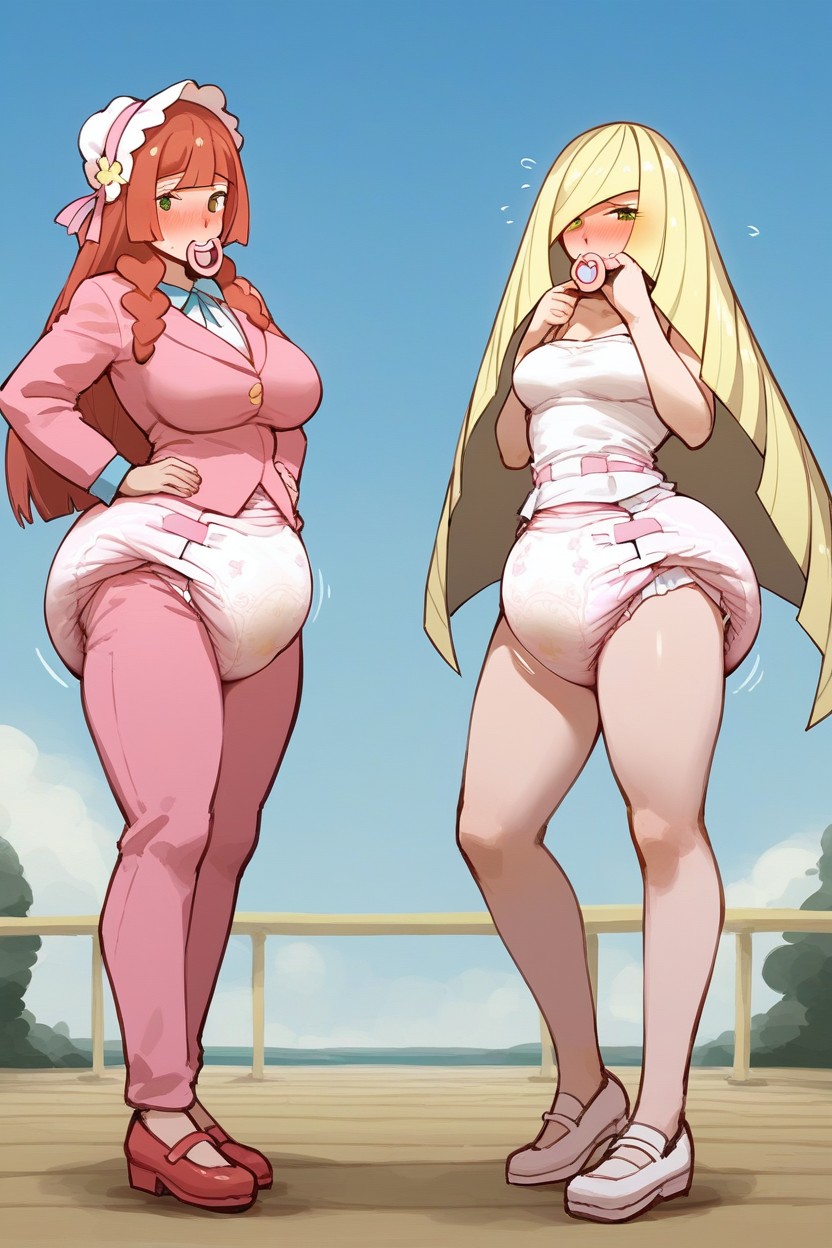 Both Have Blonde Hair, Shiny Dark Pink Princess Suit Adultdiaper, プロポーション AI Porn