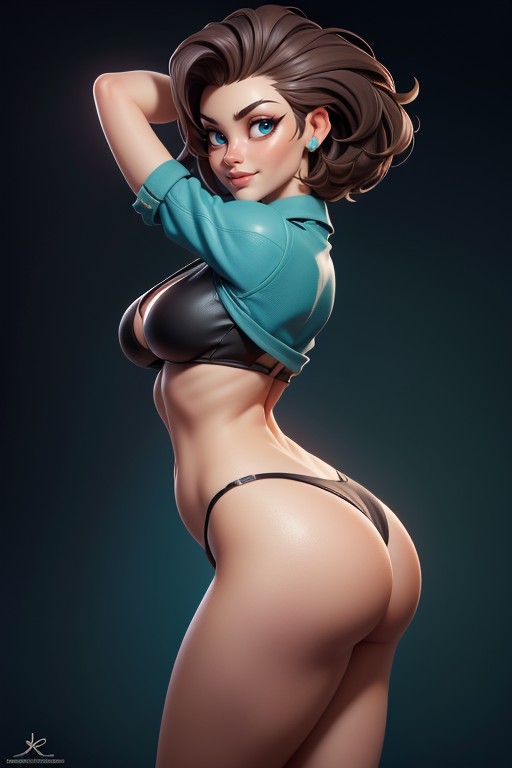 Buzzcut, Thick And Curvy Body, Green And Black Military Camouflage Bikini Hentai AI Porn