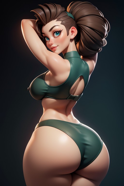 Rear View Of Massive Round Bubble Shaped Booty Ass, Large Breasts, Arms Up In Front Of Face In Hugging Pose Hentai AI Porn