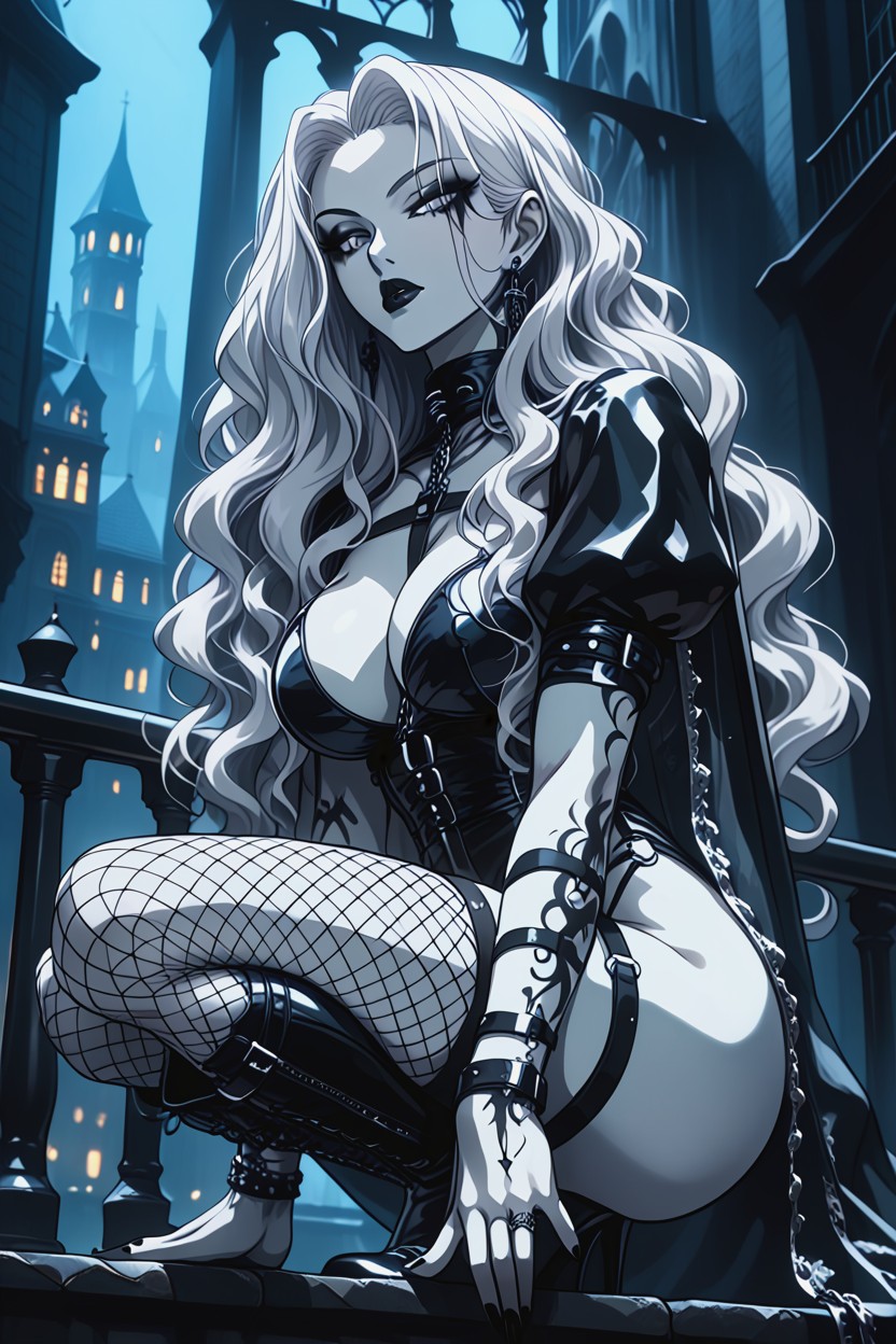 Long Wavy Silver Hair, Seductive Gaze Looking Down, Correct Hands Hentai AI Porn