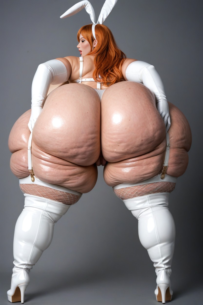 Overwhelmingly Hyper Massive Ass, Hourglass Figure, White Latex Thigh High Boots AI Porn