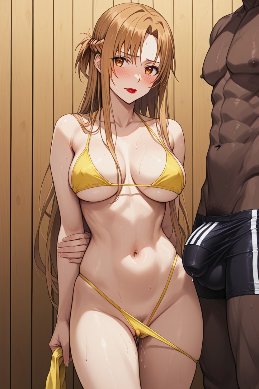 Yellow Floss Bikini, Touching Her Groin, Watching Hentai AI Porn