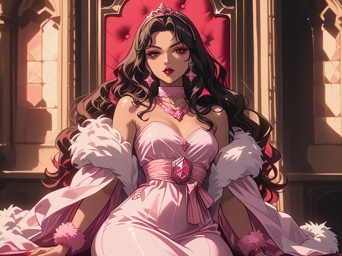 Wearing Pink Fantasy Clothes With Fur Trim, Pink Ornate Throne In Background, Small Breasts Hentai AI Porn