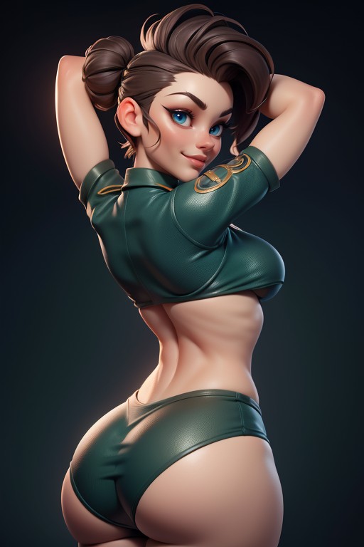 Bald On The Sides, Thick And Curvy Body, Green And Black Military Camouflage Bikini Hentai AI Porn