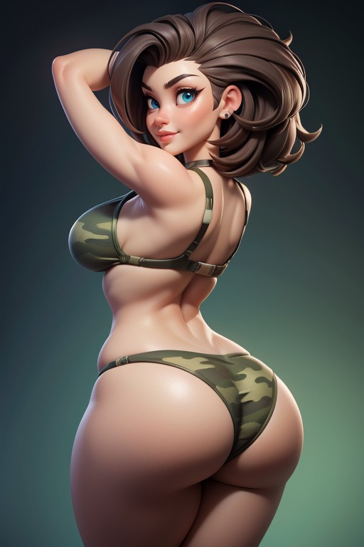 Sexy Smile Rear View, Shaved Bald On The Sides Of Head, Rear View Of Massive Round Bubble Shaped Booty Ass Hentai AI Porn
