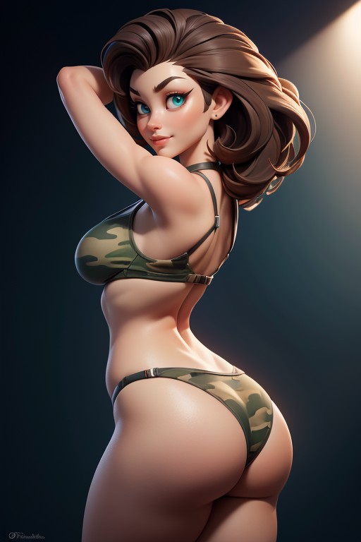25+, Green And Black Military Camouflage Bikini, Large Breasts Hentai AI Porn