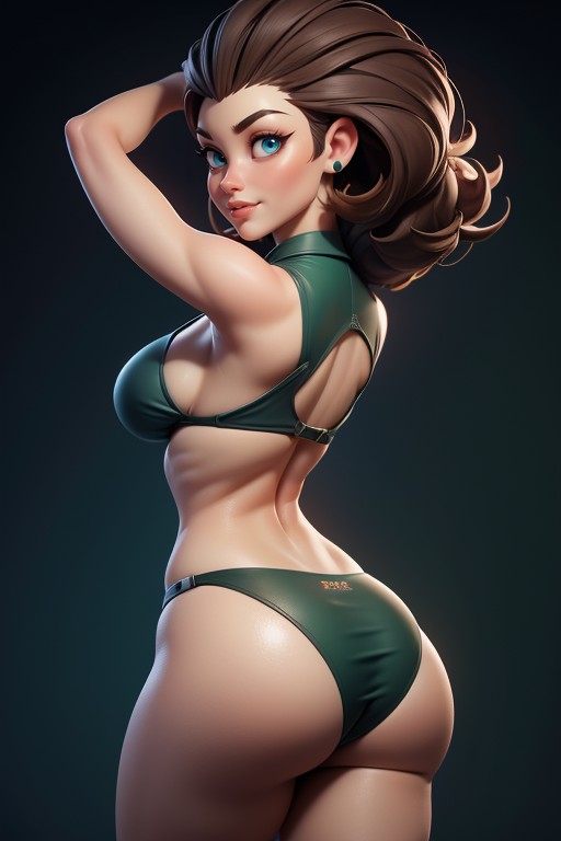 Sexy Confident Smirk Expression, Rear View Of Massive Round Bubble Shaped Booty Ass, Curvy Hips Hentai AI Porn