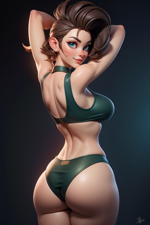 Arms Up, Green And Black Military Camouflage Bikini, Head Bald On The Sides Hentai AI Porn