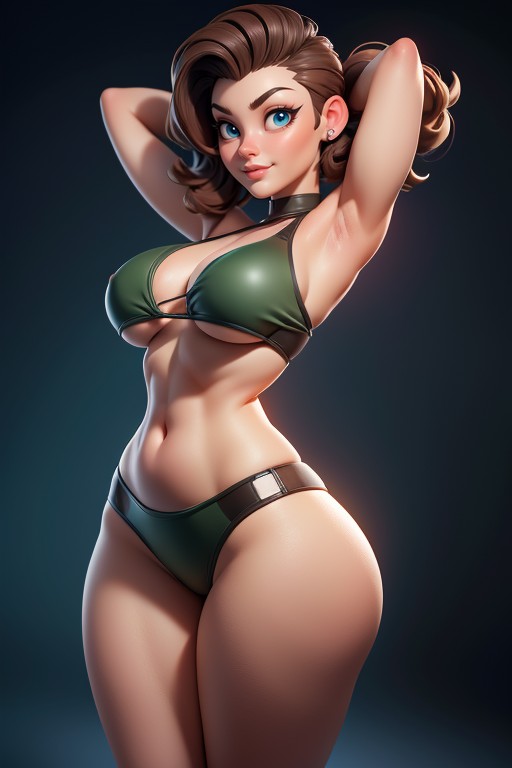 Bikini, Tall Curvy And Thick With Perfect Proportions, Brown Hair In A Mohawk Hair Style On Bald Head Hentai AI Porn