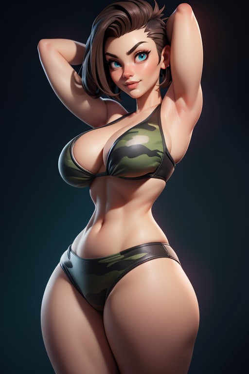 Pixie Cut, Green And Black Military Camouflage Bikini, Correct Body Proportions Hentai AI Porn