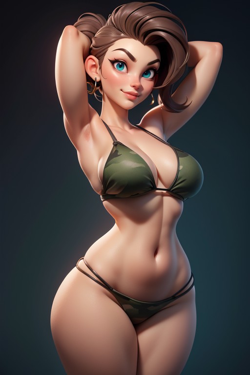 Brown Hair In A Mohawk Hair Style On Bald Head, Tall Thick And Curvy Perfect Body, Thick Thighs Hentai AI Porn