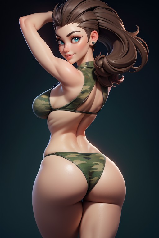 Brown Hair In A Mohawk Hair Style On Bald Head, Sexy Smile Rear View, Correct Body Proportions Hentai AI Porn