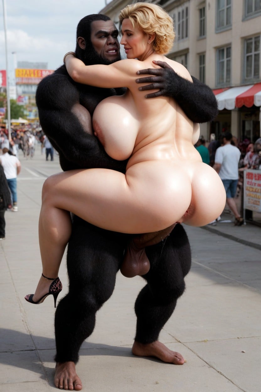 Huge Sagging Tits, Standing Carry Sex From Behind, Outside On Marketplace AI Porn