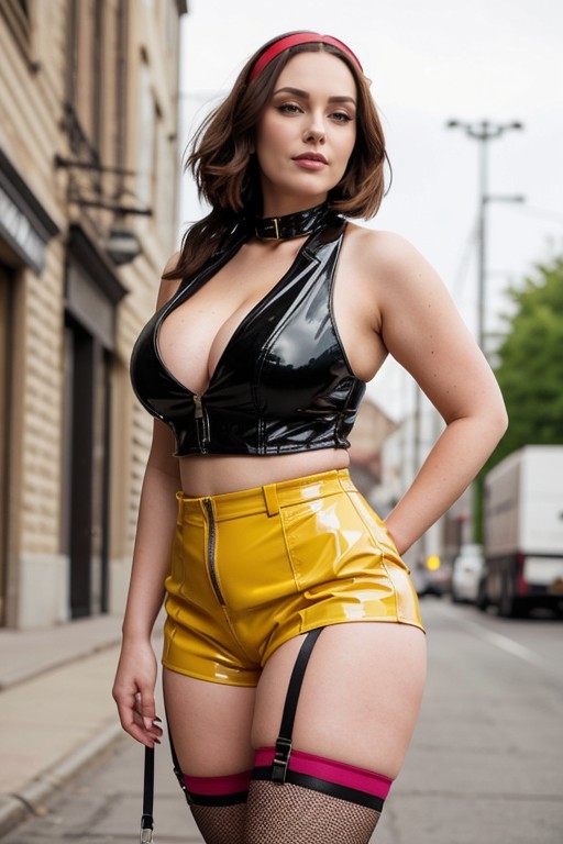 Yellow Latex Hotpants Shorts, Standing, Pink Thigh High Stocking AI Porn