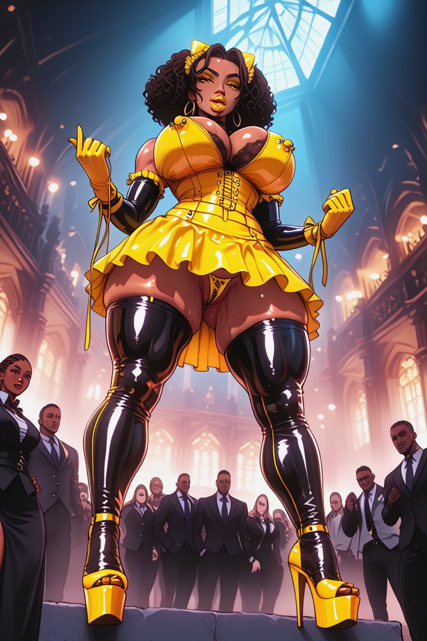 Wearing Extremely Big Black In Yellow Latex Skirt, Waist Shot, Latex Gloves AI Porn