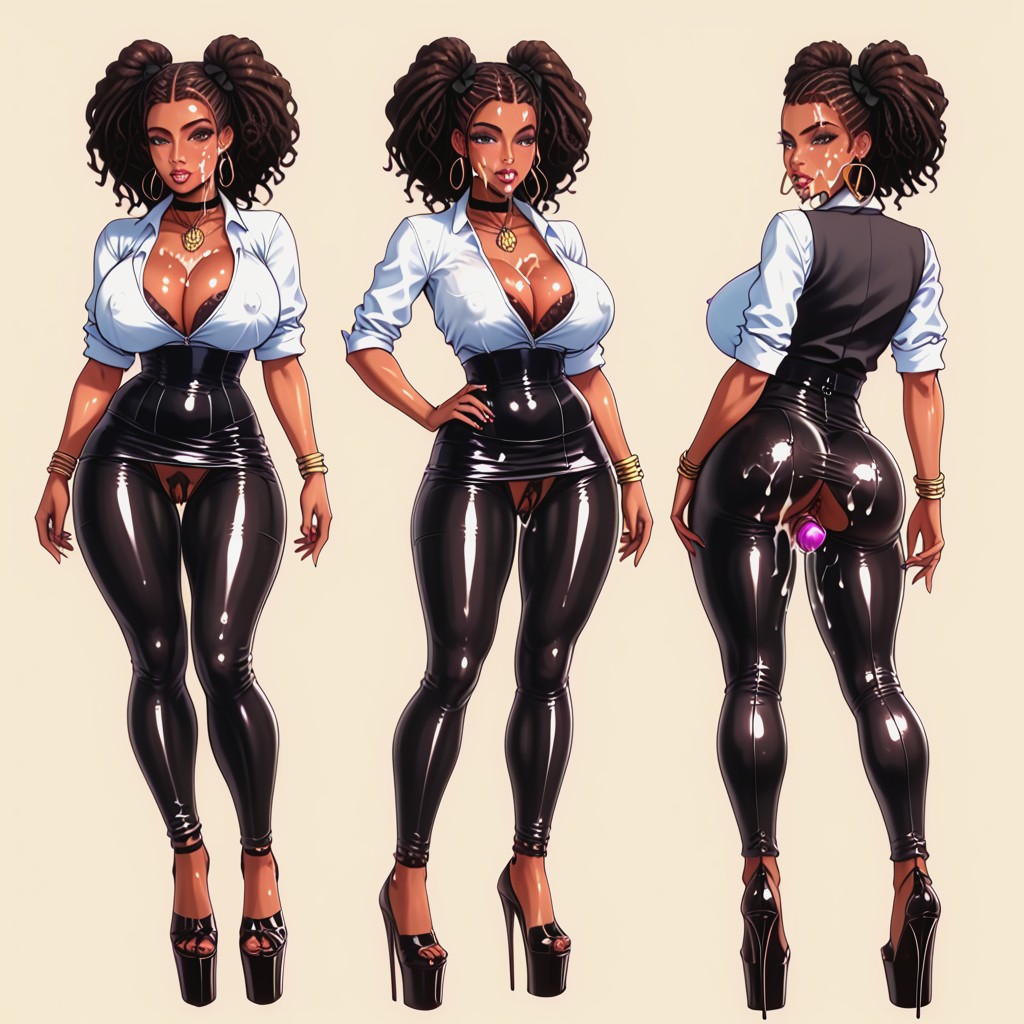 Office Shirt, Platform High Heels, Black Ribbon In Hair AI Porn
