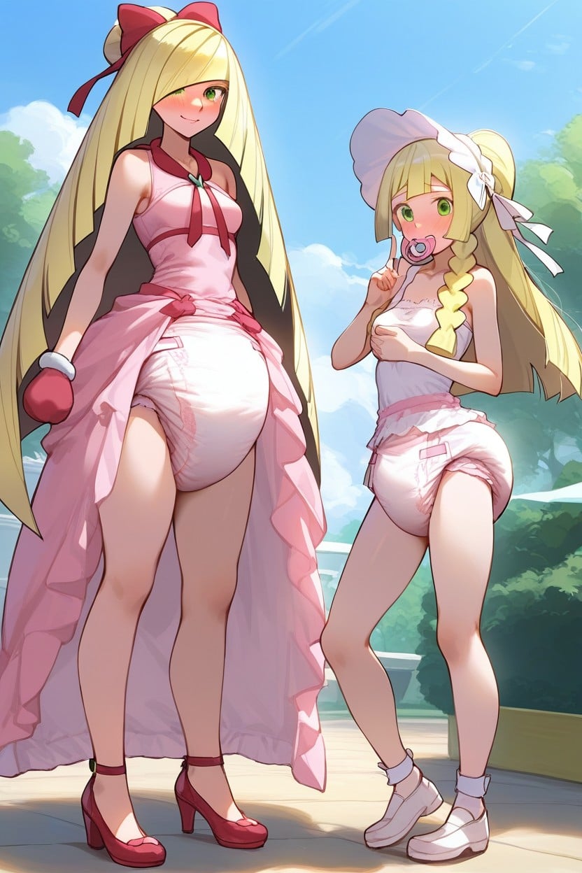 Blonde Haired Women, Wearing Giant Adultdiaper, Female Pink Princess Top AI Porn